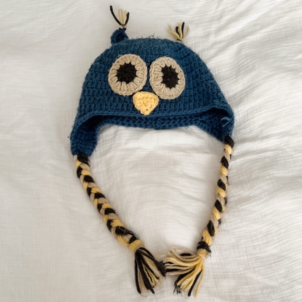 Blue Owl Crochet Hat with Braided Tassels | Handmade | 1-2 Years